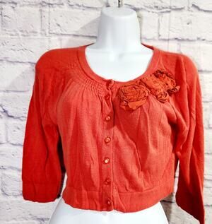 Kensie Orange 3D Rosettes Cropped Button Up Cardigan Sweater Medium Lightweight